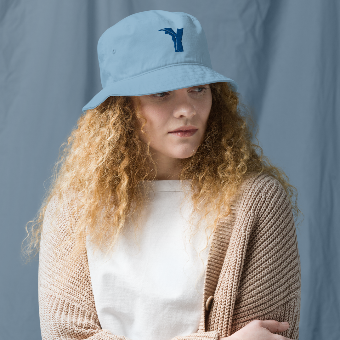 Bob Yofe en coton biologique, couleur naturelle avec logo Yofe brodé en bleu Yoga