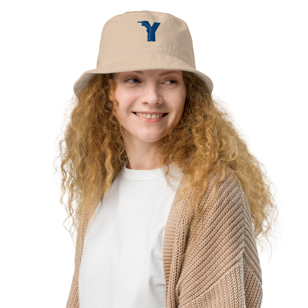 Bob Yofe en coton biologique, couleur naturelle avec logo Yofe brodé en bleu Yoga
