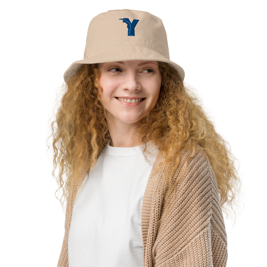 Bob Yofe en coton biologique, couleur naturelle avec logo Yofe brodé en bleu Yoga