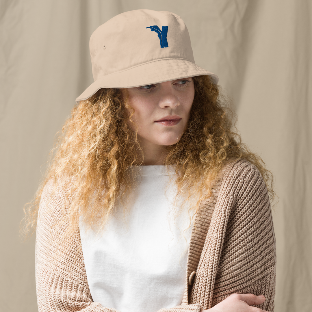 Bob Yofe en coton biologique, couleur naturelle avec logo Yofe brodé en bleu Yoga
