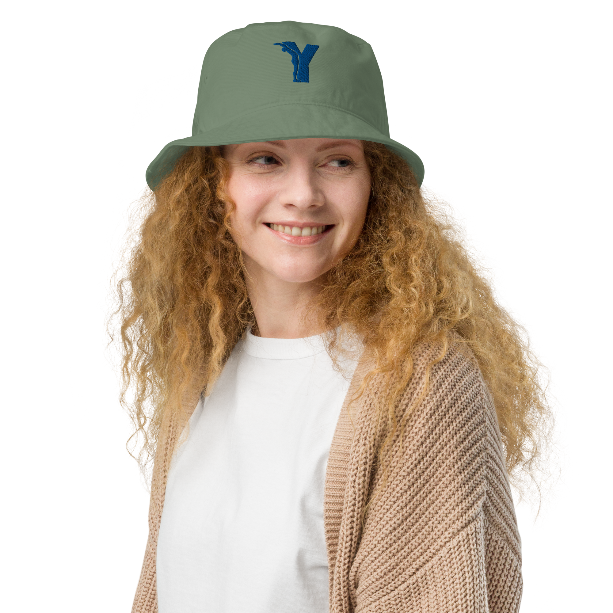 Bob Yofe en coton biologique, couleur naturelle avec logo Yofe brodé en bleu Yoga