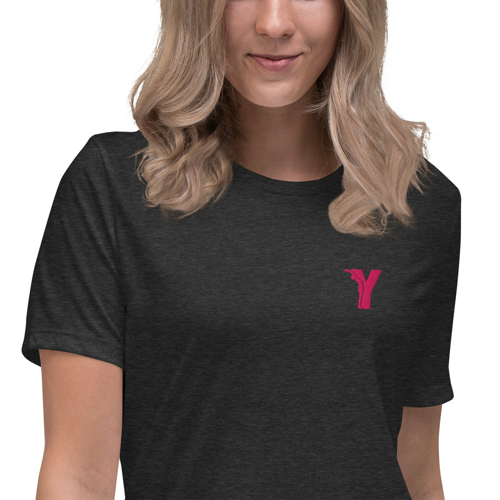 T-shirt femme décontracté yoga - Logo Y brodé rose