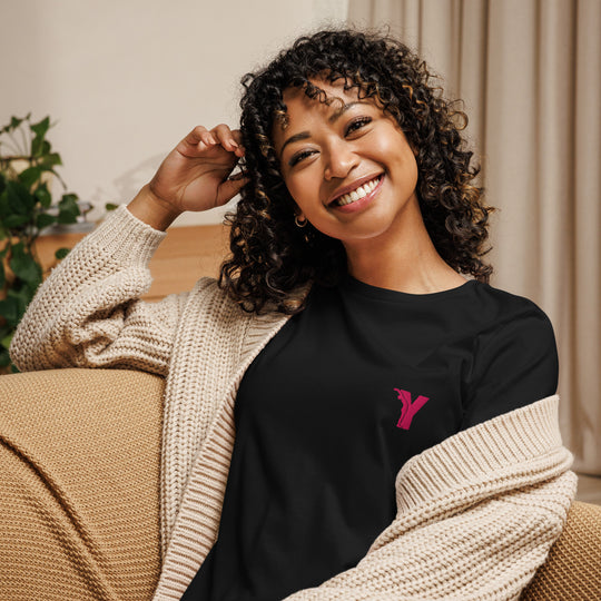 T-shirt femme décontracté yoga - Logo Y brodé rose
