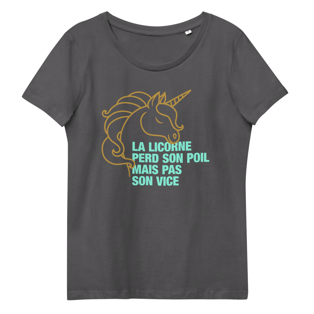 T-shirt moulant écologique femme - la licorne perd son poil mais pas son vice-YOFE YOGA