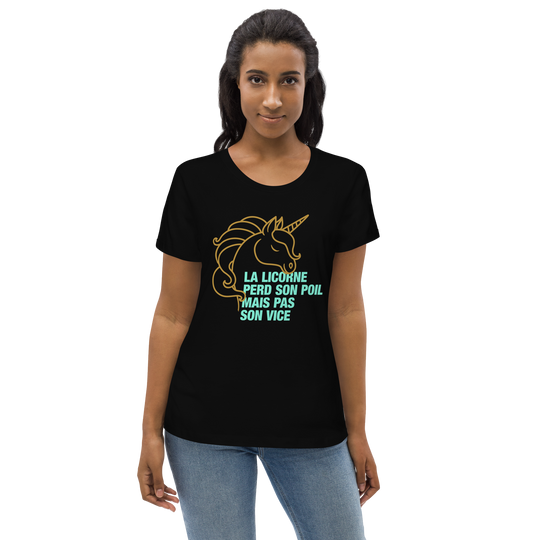 T-shirt moulant écologique femme - la licorne perd son poil mais pas son vice-YOFE YOGA