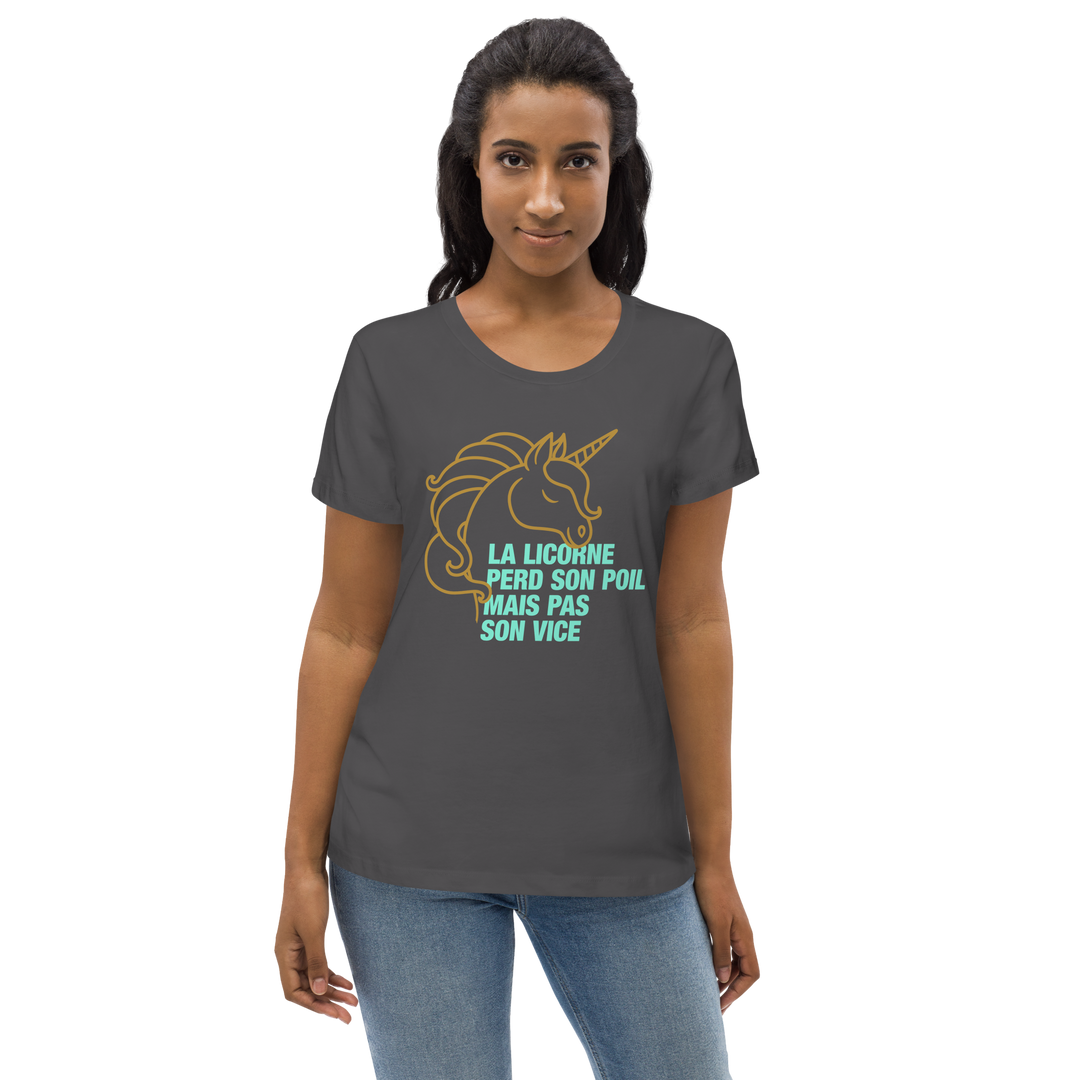 T-shirt moulant écologique femme - la licorne perd son poil mais pas son vice-YOFE YOGA