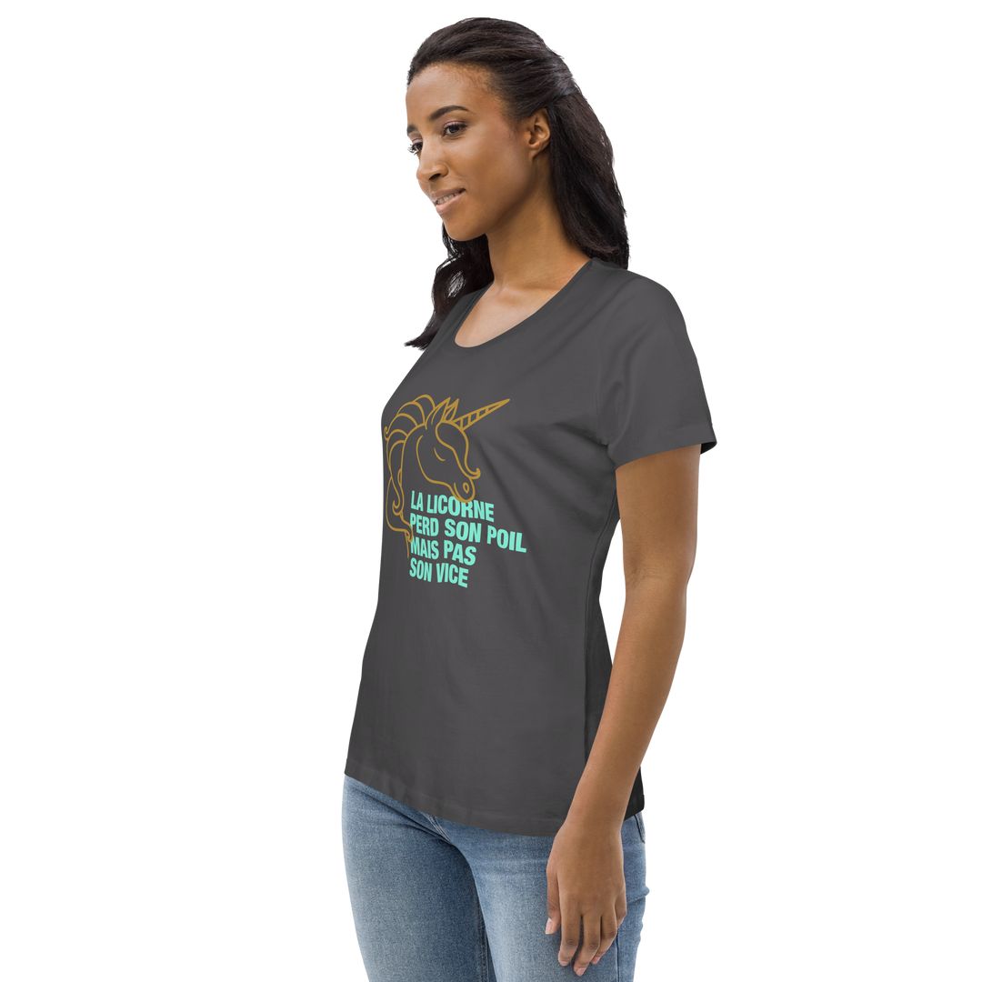 T-shirt moulant écologique femme - la licorne perd son poil mais pas son vice-YOFE YOGA