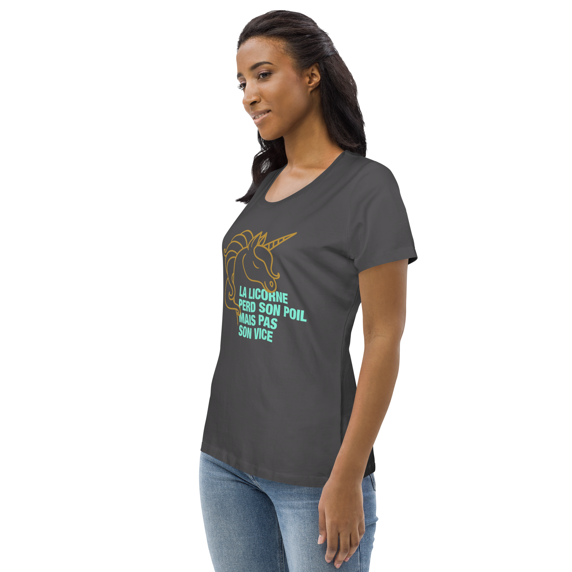 T-shirt moulant écologique femme - la licorne perd son poil mais pas son vice-YOFE YOGA