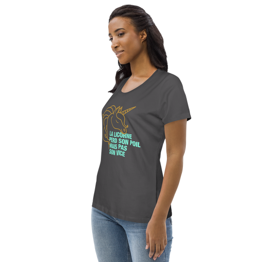 T-shirt moulant écologique femme - la licorne perd son poil mais pas son vice-YOFE YOGA